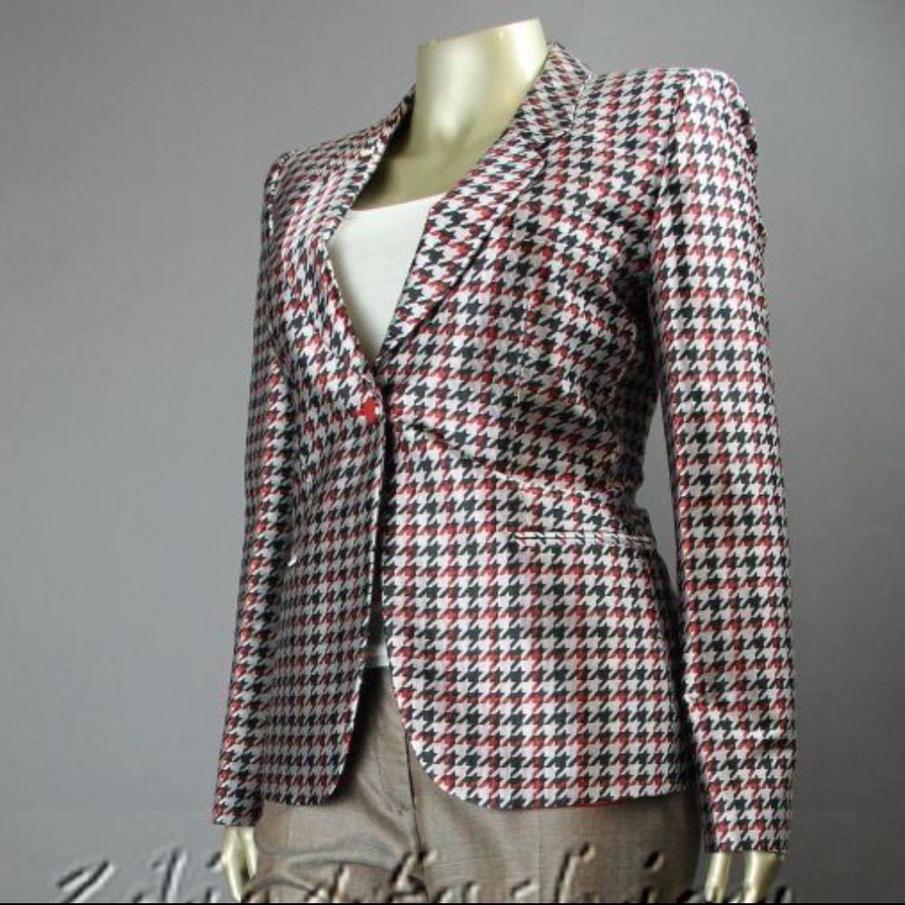 $3725 New GIORGIO ARMANI Black Red Gray Houndstooth Silk Blazer Jacket 10